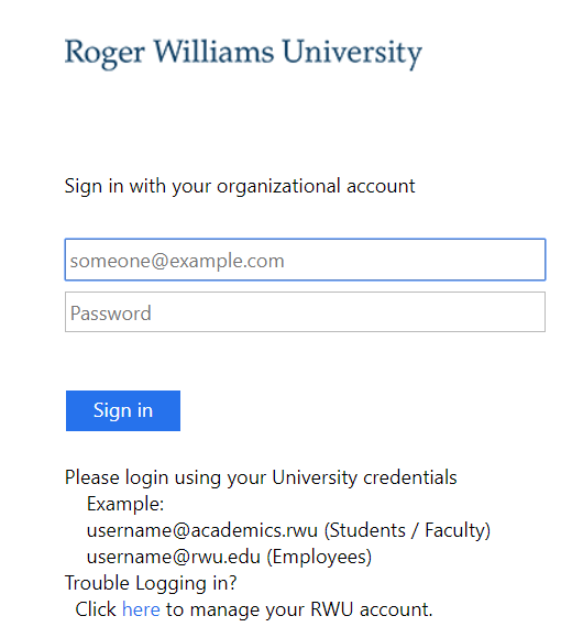 Login screen on Roger Central