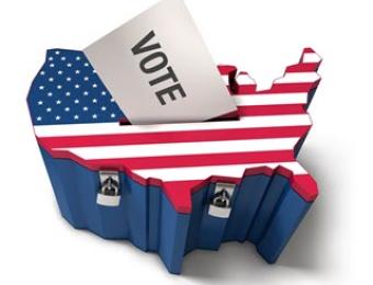 Map of USA. Flag is decorated as USA flag with paper that states: vote.