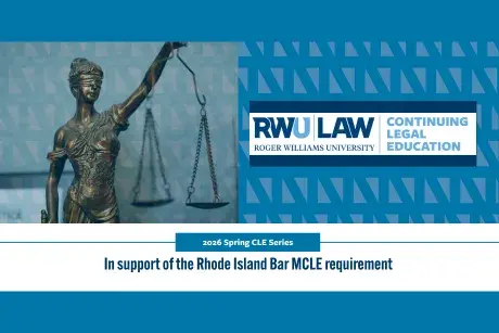Graphic artwork of the CLE with Lady justice on the left and the logo of the program on the right. 