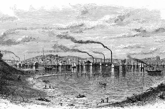 historical black and white illustration captioned 'City of Providence and Southern Suburbs'