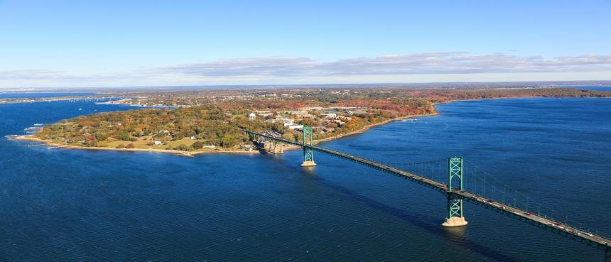 Aerial photo of campus and Mount Hope bridge. 