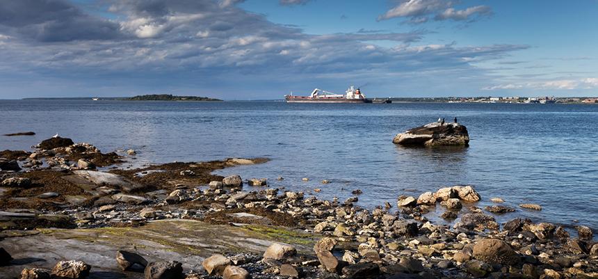 rocky shore in foreground with a working vessel on the horizon