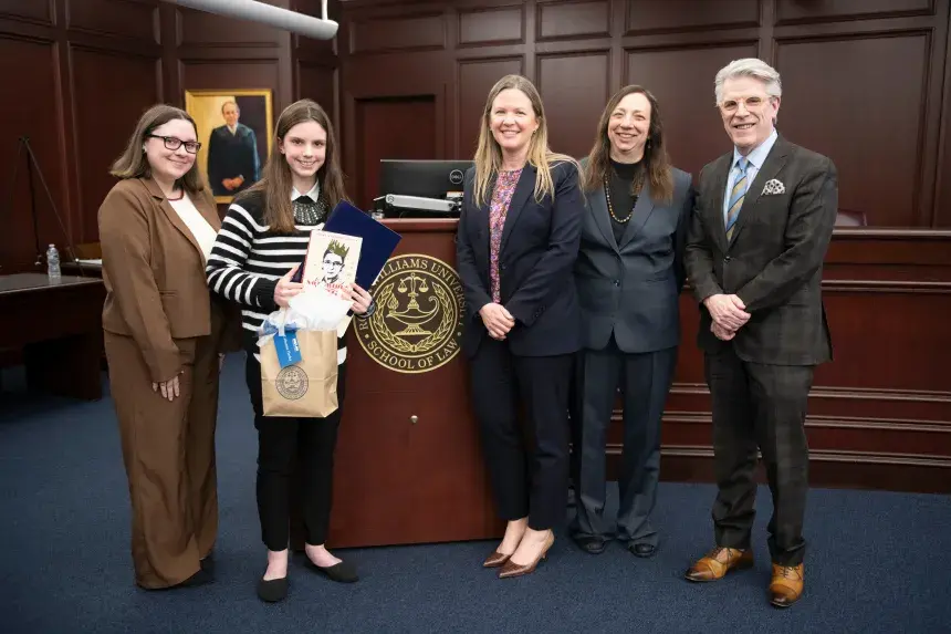 RWU Law RBG Contest Middle School Winner 2024 with WLS President, Dean Gregory W. Bowman, Jodi Haley, and Professor Emily Sack